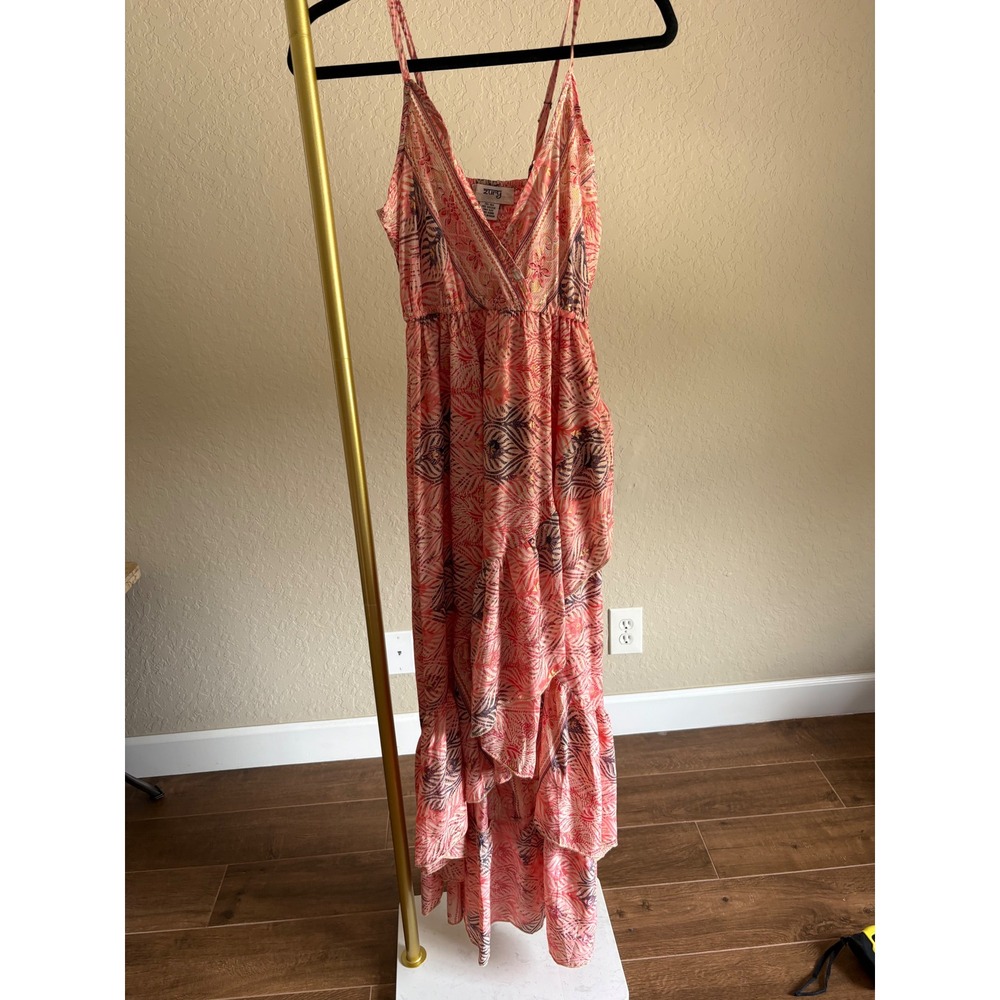 Zury Silk Blend Paisley Maxi Dress Pink Metallic High Low Boho OS Resort Travel